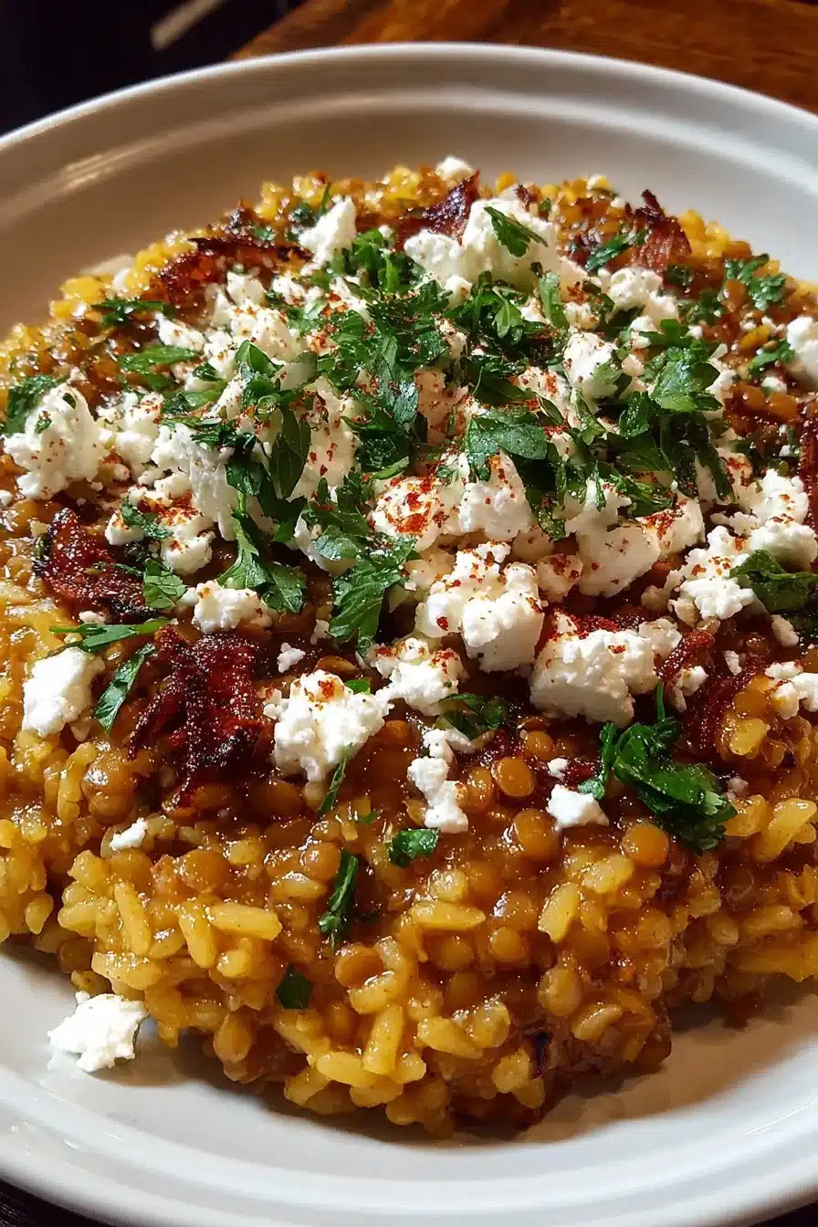Mediterranean lentil rice dish topped with feta cheese and herbs