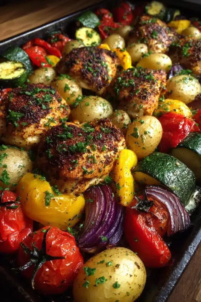 Mediterranean Sheet-Pan Chicken and Veggies ready to serve