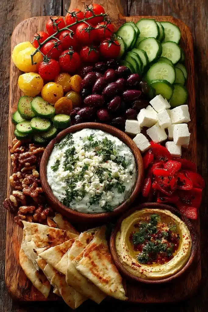 Mediterranean grazing board with assorted meats, cheeses, and garlic yogurt dip