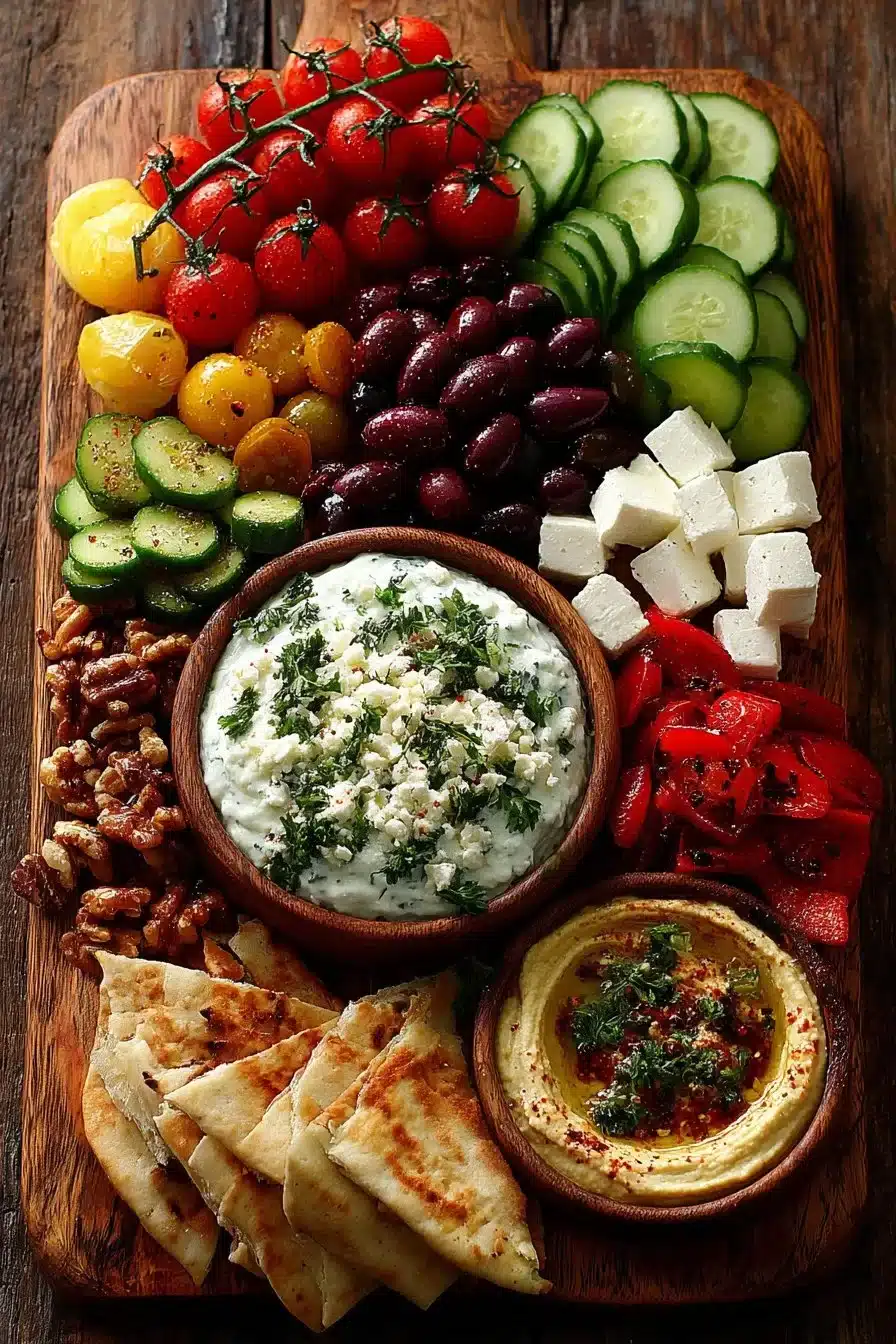 Mediterranean grazing board with assorted meats, cheeses, and garlic yogurt dip