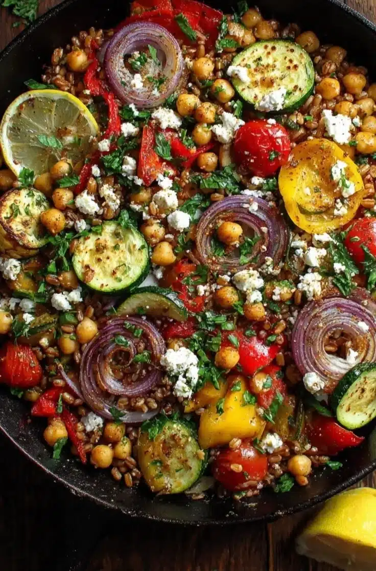 Mediterranean Winter Grain Skillet with vegetables and grains in a bowl