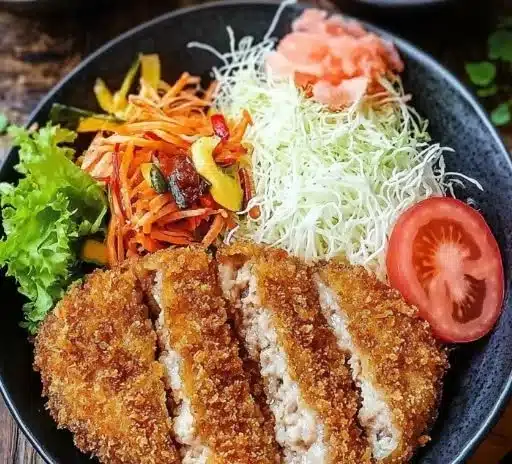 Delicious Menchi Katsu minced meat cutlet served with dipping sauce.