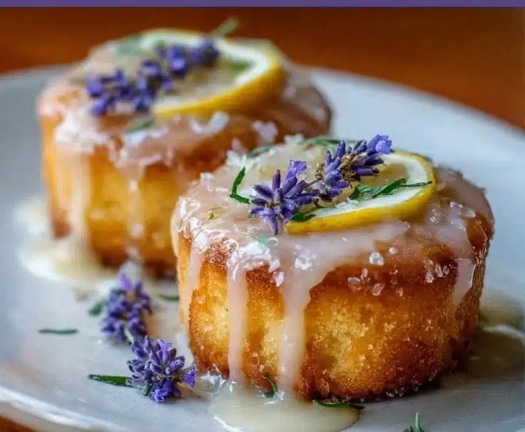 Mini lemon cakes with lavender glaze on a white plate