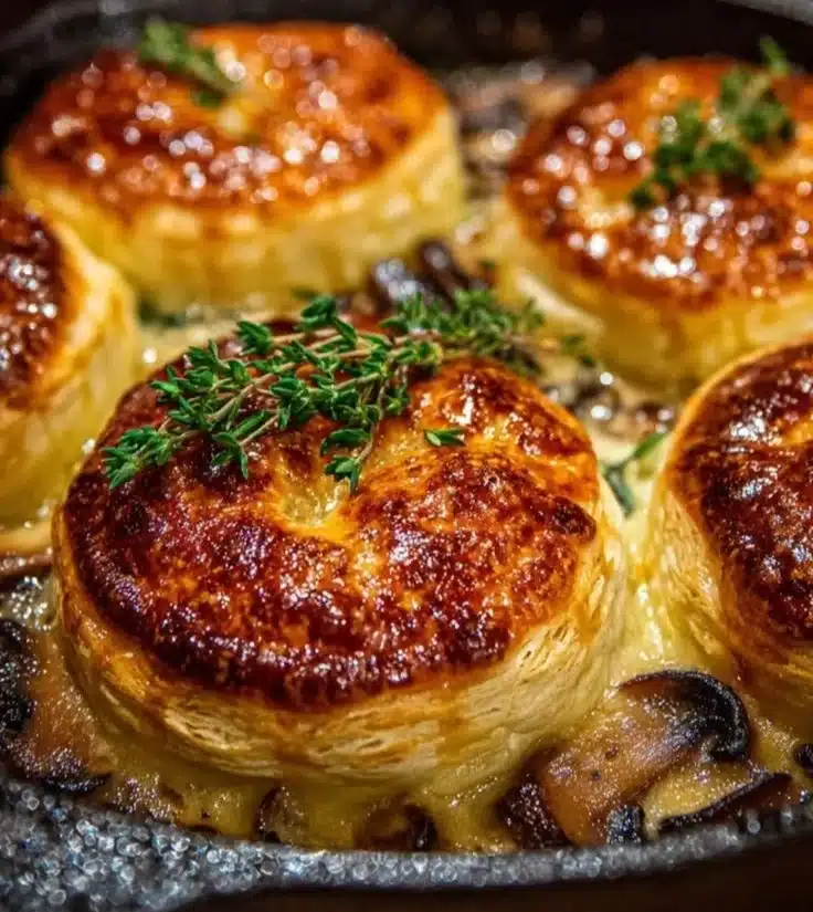 Mini mushroom and gruyère pot pies served in ramekins