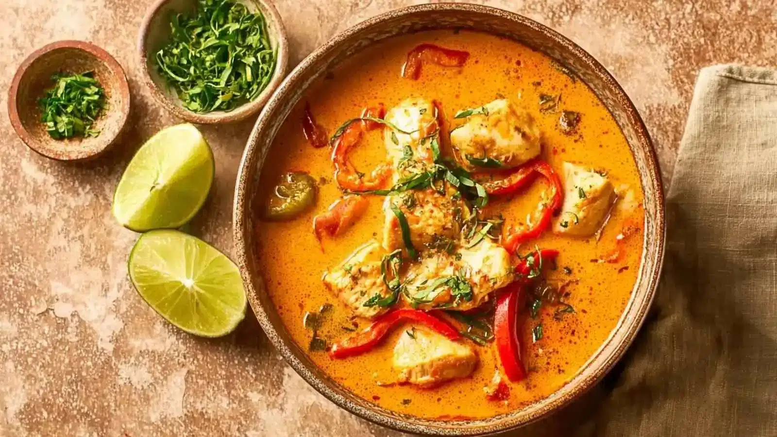 Delicious bowl of Moqueca, a traditional Brazilian fish stew with vibrant ingredients.