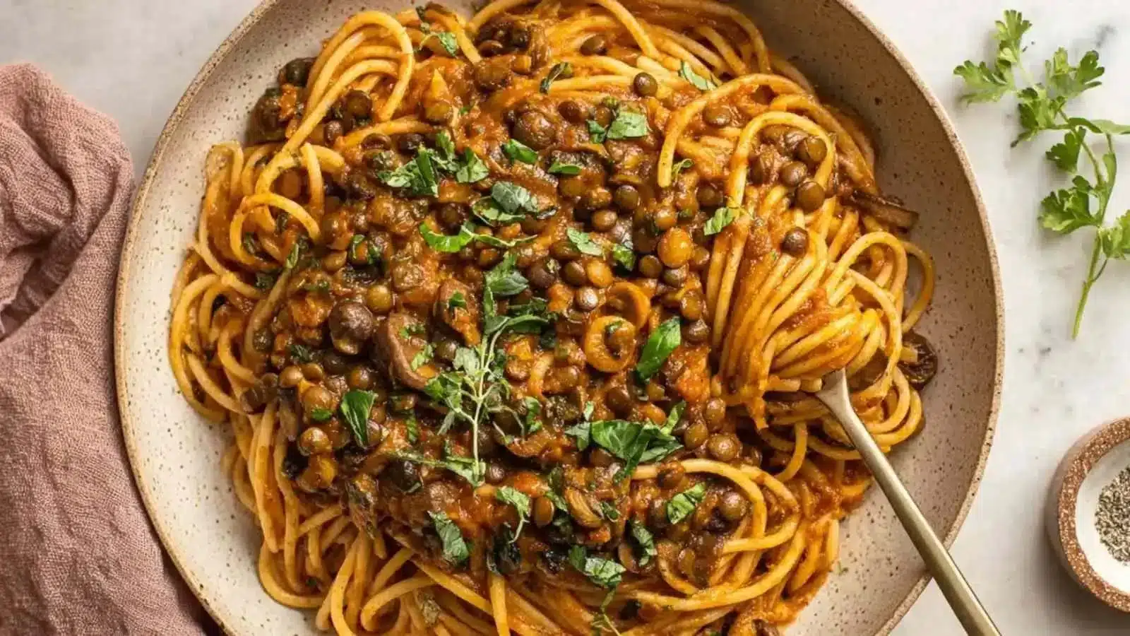 Bowl of Mushroom Ragu served with fresh herbs and pasta