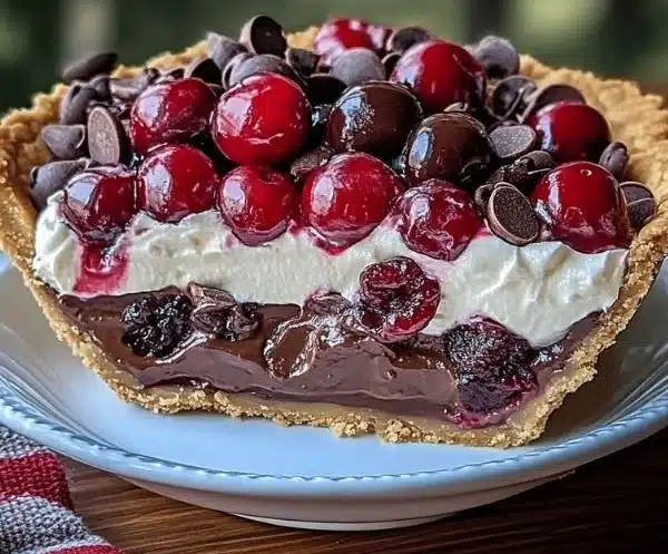 No-Bake Chocolate Cherry Cream Pie garnished with cherries and chocolate flakes