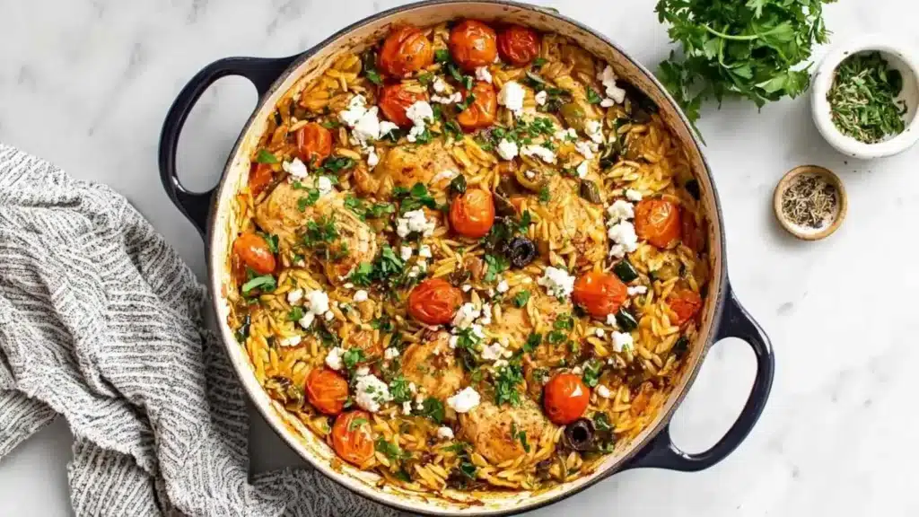 One Pan Chicken with Orzo served in a skillet with herbs and vegetables