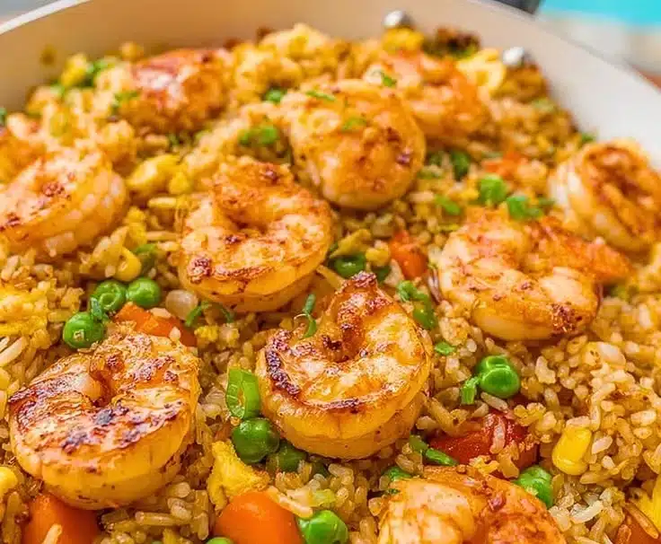 Delicious skillet shrimp fried rice with vegetables and herbs