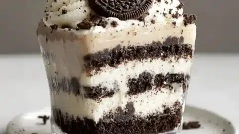 Oreo Delight no-bake dessert with chocolate and cream layers