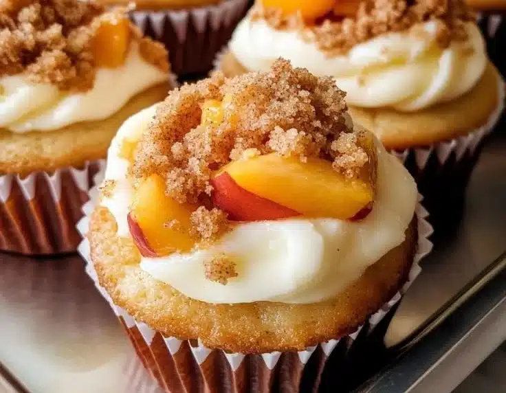 Delicious peach cobbler cupcakes topped with creamy frosting and peach slices.