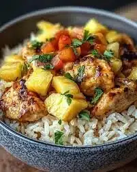 A vibrant plate of pineapple chicken and rice garnished with fresh herbs