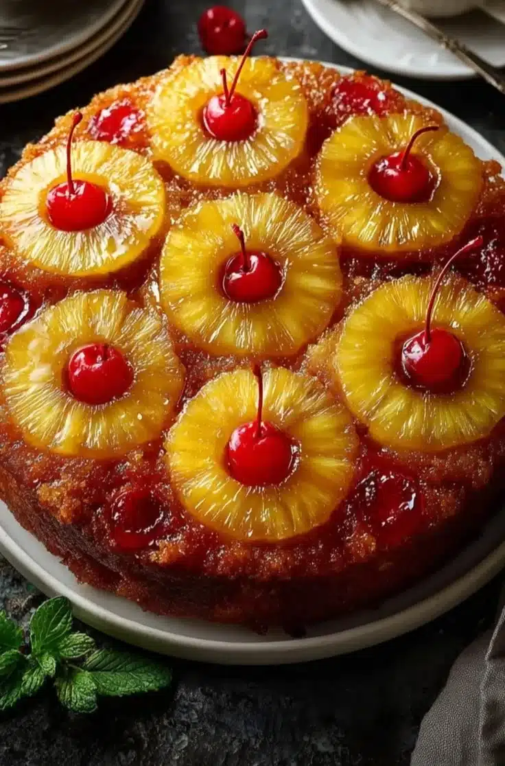 Delicious Pineapple Upside Down Cake with caramelized pineapple topping