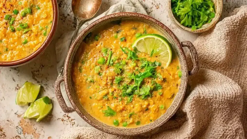 Bowl of flavorful Rendang Red Lentils garnished with fresh herbs.