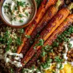 Healthy roasted carrot and lentil bowl topped with fresh herbs and spices