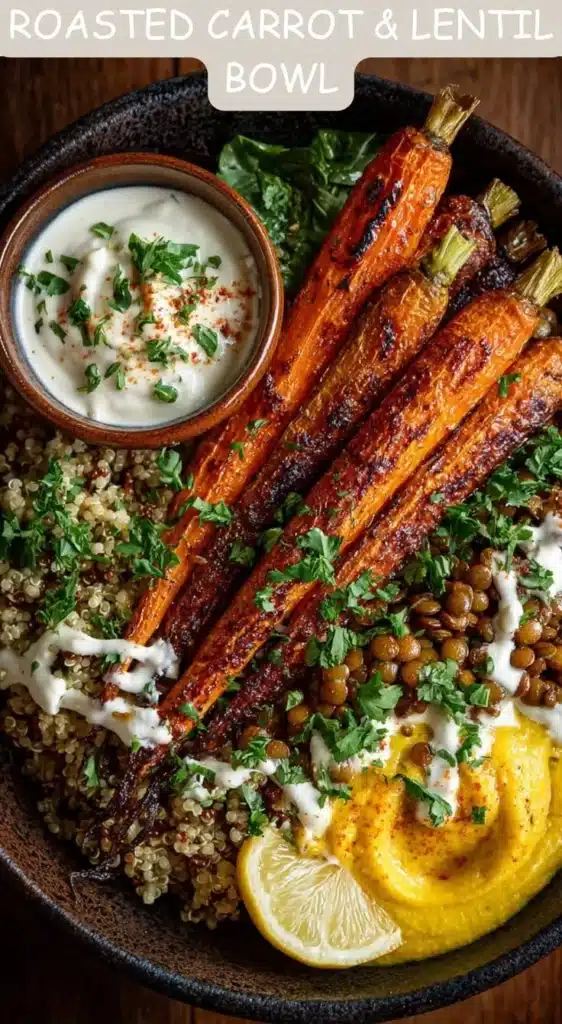 Healthy roasted carrot and lentil bowl topped with fresh herbs and spices