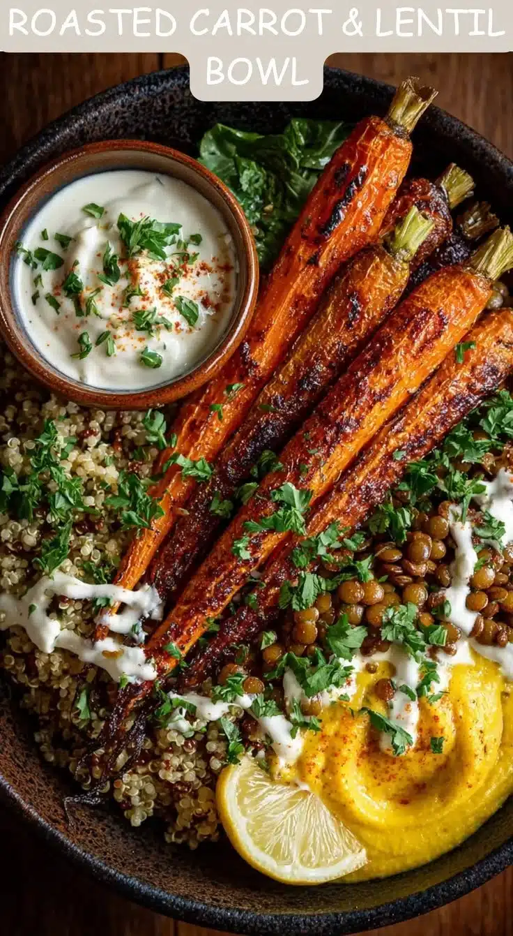 Healthy roasted carrot and lentil bowl topped with fresh herbs and spices