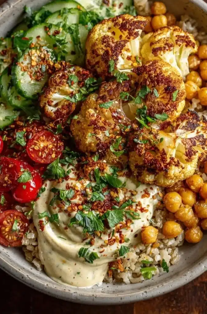 Roasted cauliflower and chickpea tahini bowl garnished with fresh herbs.