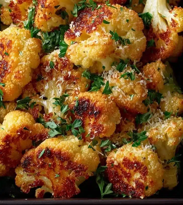 Roasted cauliflower with garlic and Parmesan, garnished and ready to serve.