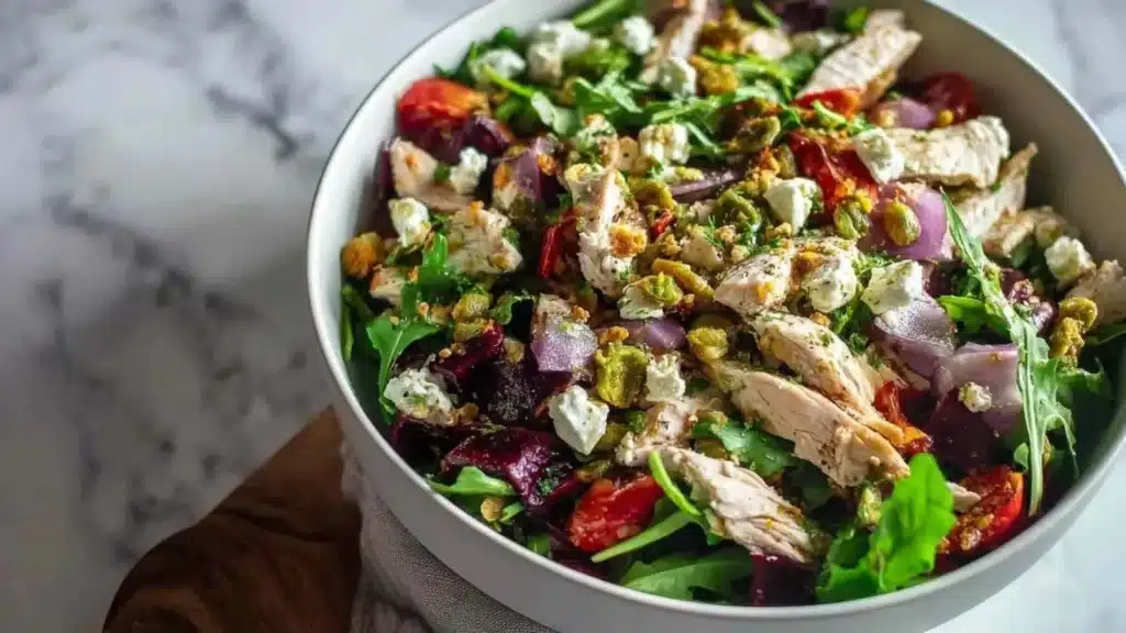 Delicious roasted veggie bowl with chicken, colorful vegetables and healthy grains.