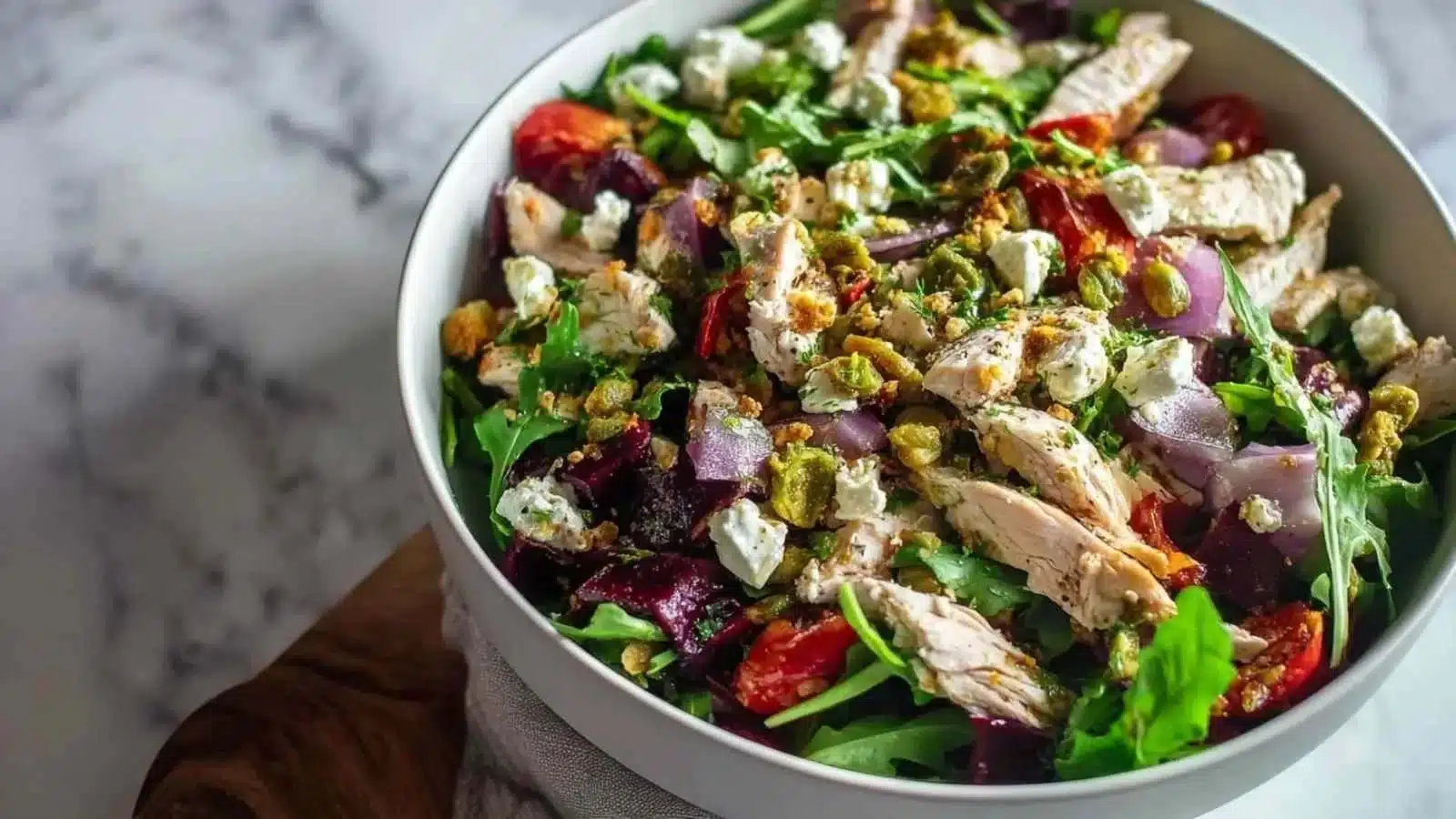 Delicious roasted veggie bowl with chicken, colorful vegetables and healthy grains.