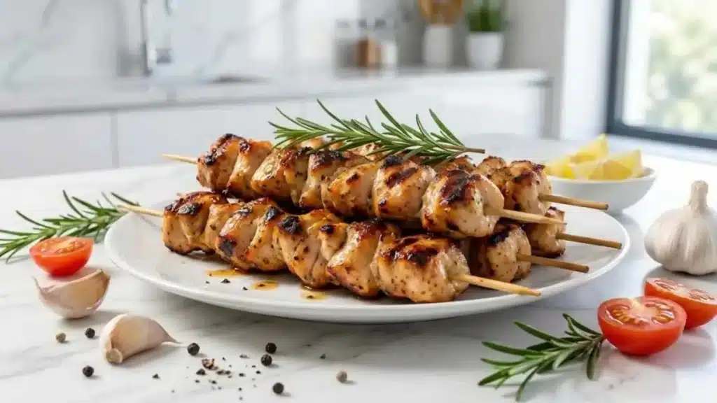 Rosemary ranch chicken kabobs grilled to perfection on skewers