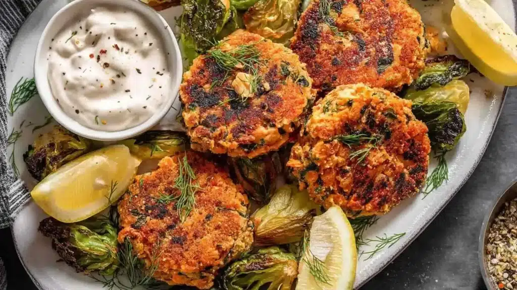 Salmon cakes with sweet potatoes and dill sriracha sauce on a plate