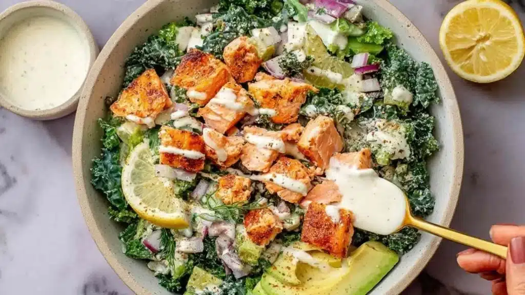 Delicious Salmon Kale Salad with Greek Yogurt on a plate