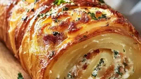 Delicious scalloped potato roll garnished with herbs on a plate