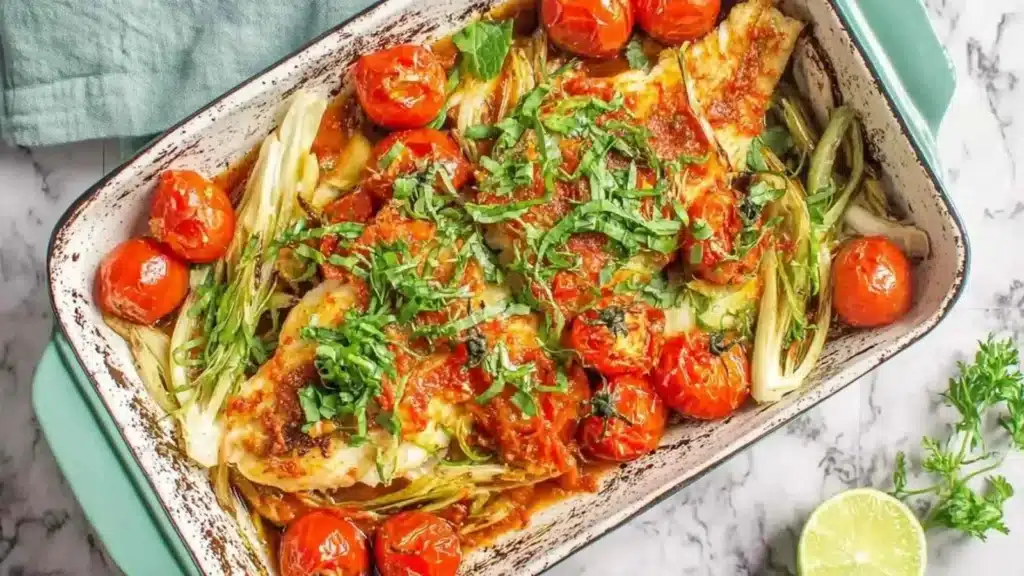 Sea Bass dish with sambal, lemongrass, and ginger garnished on a plate.