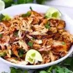 Plate of shredded chicken served with vegetables and spices