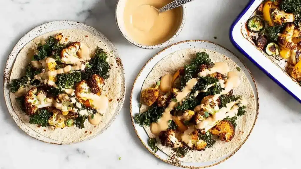 Smoky cauliflower wraps served with creamy cashew dip on a wooden board.