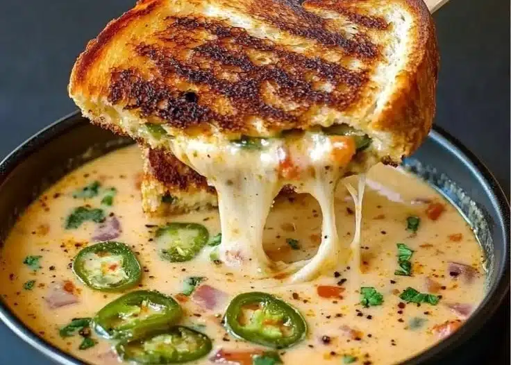 Bowl of spicy jalapeño popper soup with grilled cheese dippers on the side