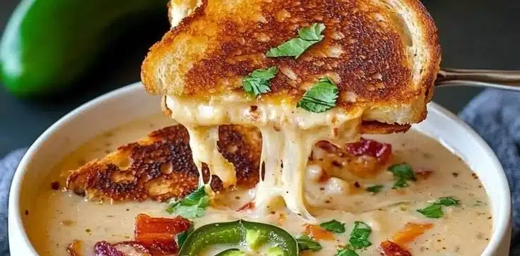 Spicy Jalapeño Popper Soup with Grilled Cheese Dippers