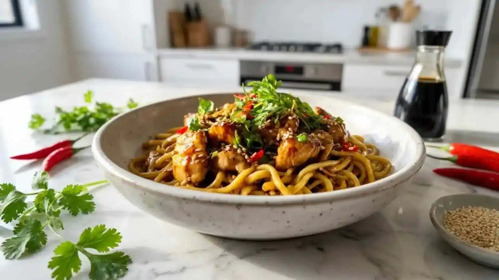 Delicious sticky garlic chicken noodles served with fresh vegetables.
