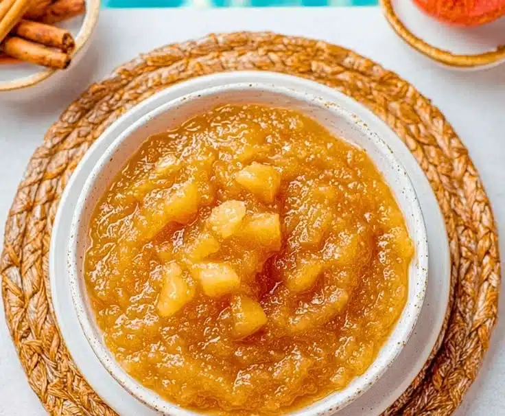 Homemade stovetop applesauce cooking in a pot with fresh apples