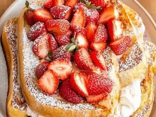Strawberries and Cream French Toast topped with fresh strawberries and cream
