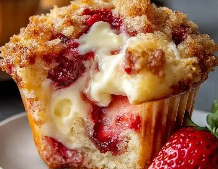 Freshly baked Strawberry Cream Cheese Muffins with strawberries and cream cheese filling.
