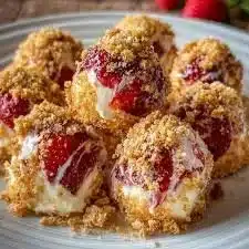 Strawberry Crunch Cheesecake Bites on a plate garnished with fresh strawberries