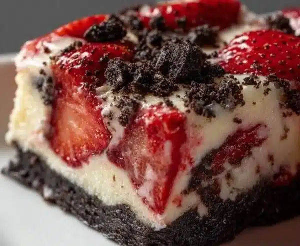 Delicious Strawberry Oreo Cheesecake Bars topped with fresh strawberries and Oreo crumbs