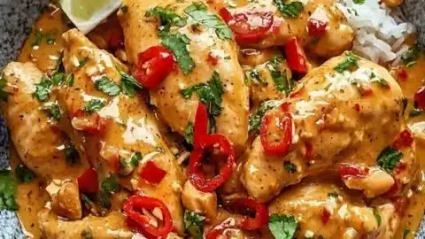 Delicious Thai Peanut Chicken in a slow cooker, ready to serve.