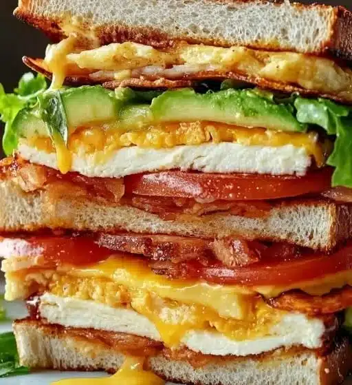 Ultimate Breakfast Club Sandwich with eggs, bacon, and cheese