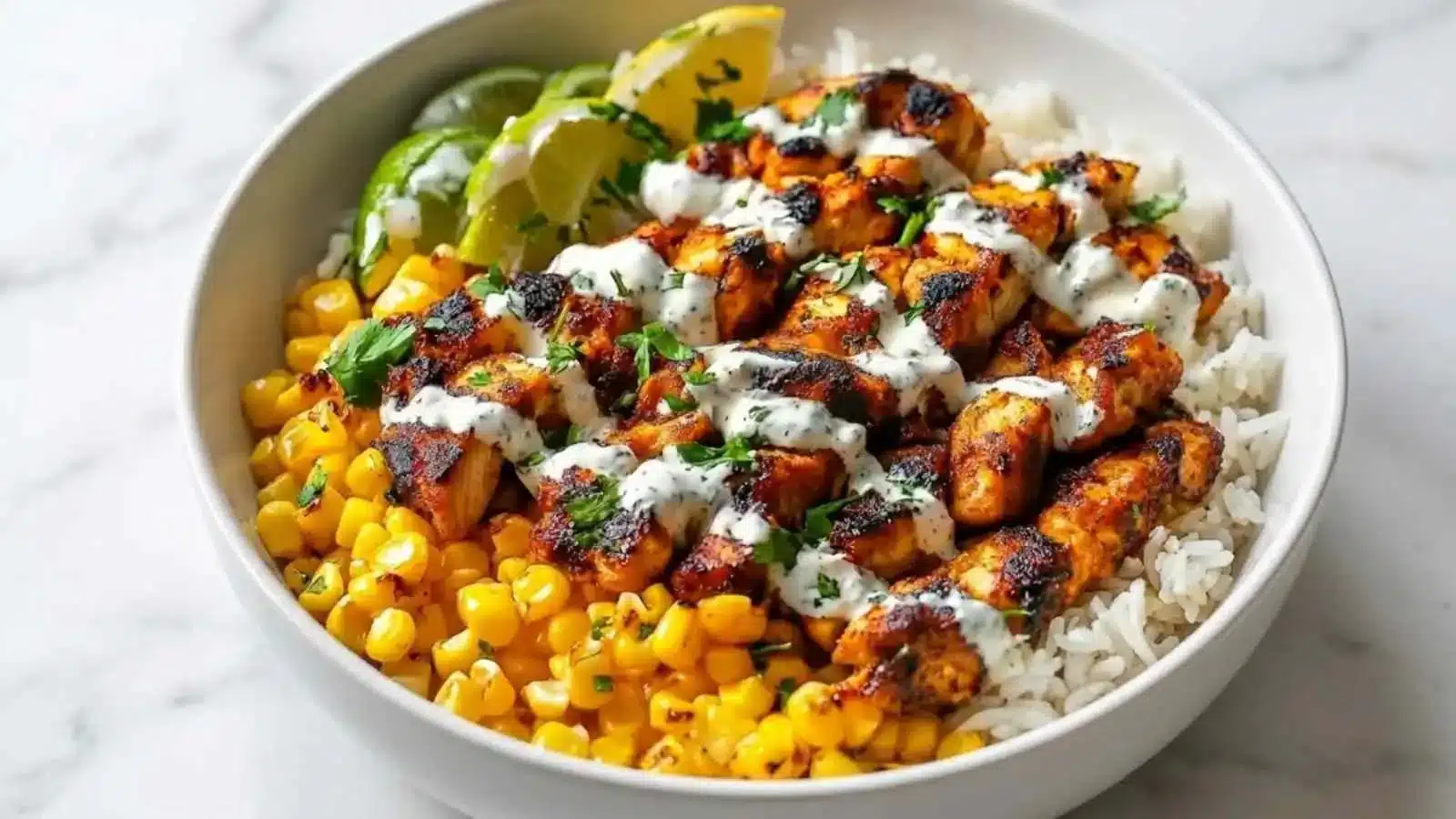 Ultimate high protein chicken bowl featuring street corn and fresh ingredients.