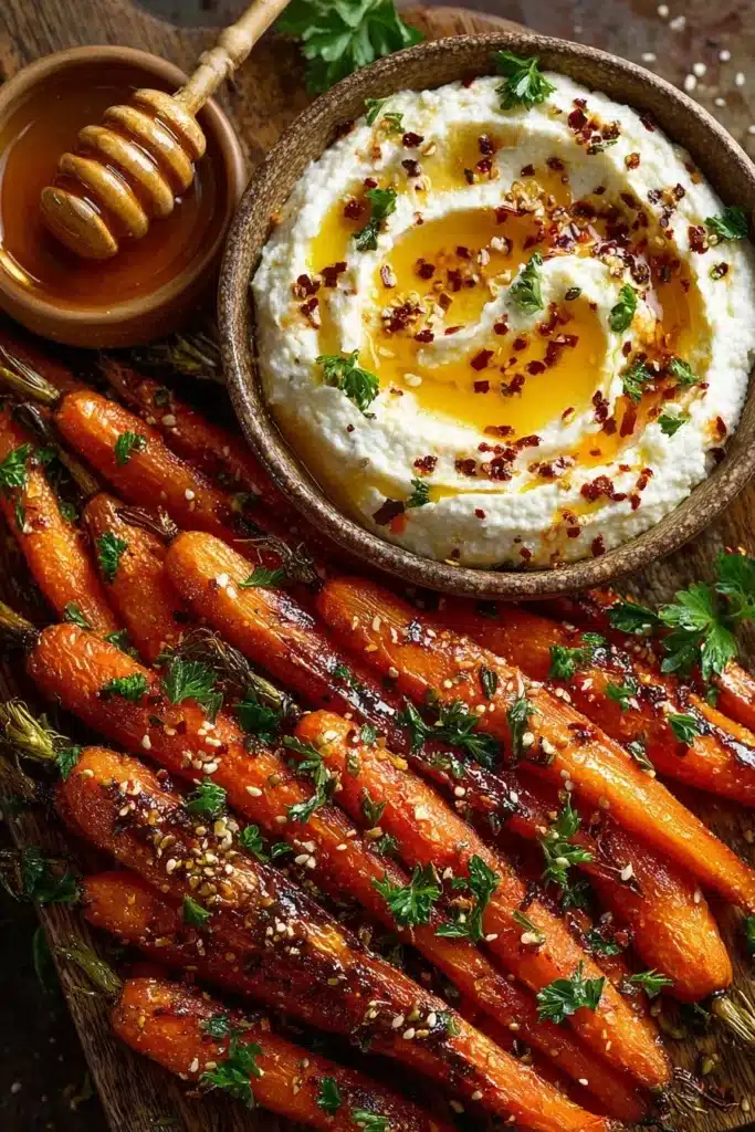 Whipped ricotta served on roasted carrots with a drizzle of hot honey.