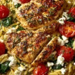 Zesty Lemon-Dijon Chicken with orzo and garlic whipped feta on a plate.