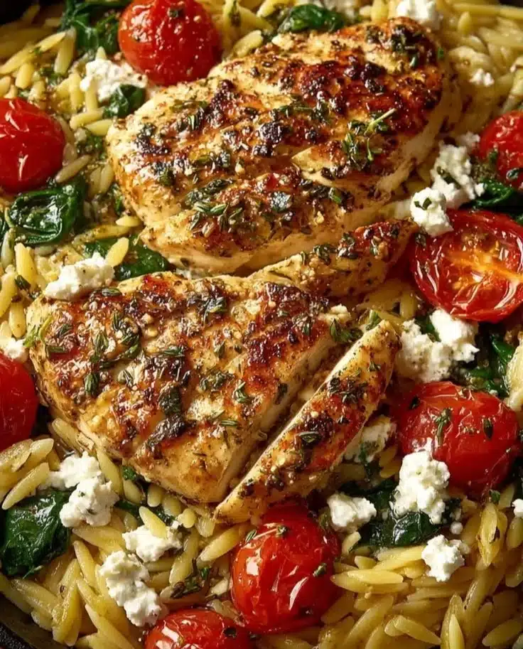 Zesty Lemon-Dijon Chicken with orzo and garlic whipped feta on a plate.