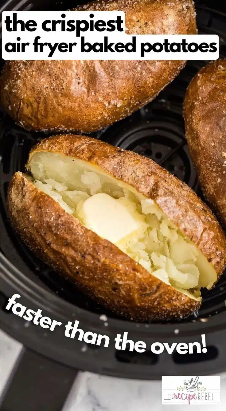 Crispy air fryer baked potato with fluffy interior and golden skin.