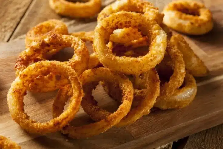 Crispy air fryer onion rings served in a bowl