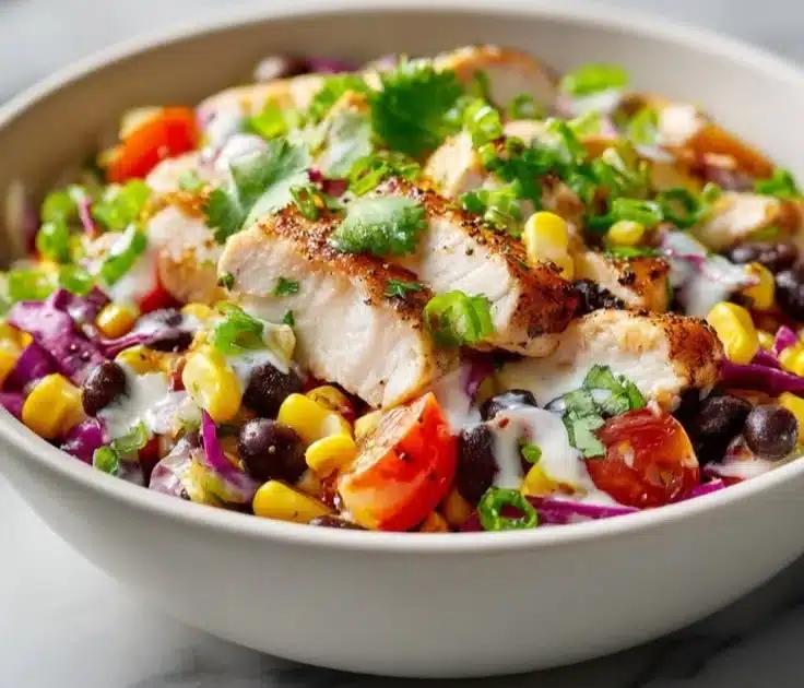 BBQ Chicken Salad with beans and fresh vegetables served in a bowl