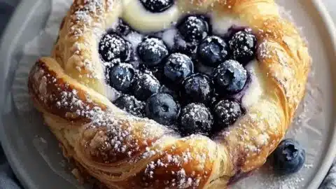Blueberry Vanilla Custard Danish fresh out of the oven with blueberries and creamy custard